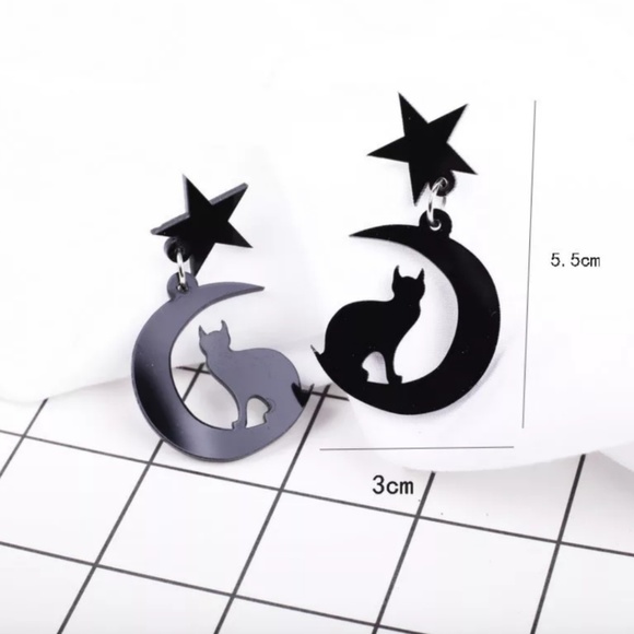 Black Pink Crescent Moon Cat Witchy Earrings - Picture 5 of 6